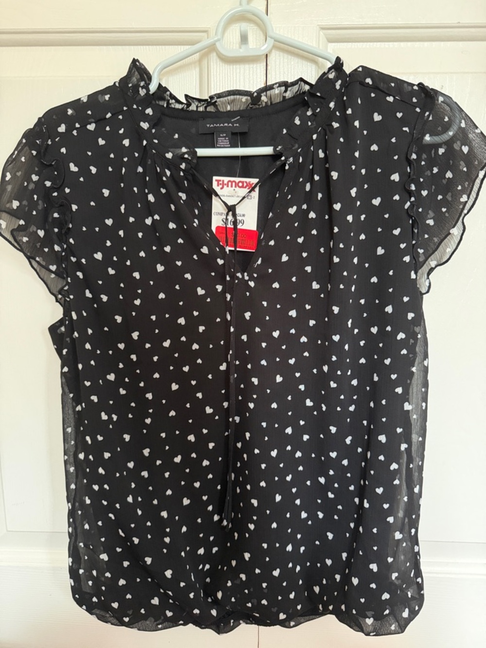 Black Heart-Print Tie-Front Sheer Blouse